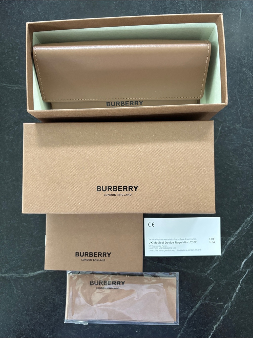 Burberry Tan Leather Glasses Case with Box